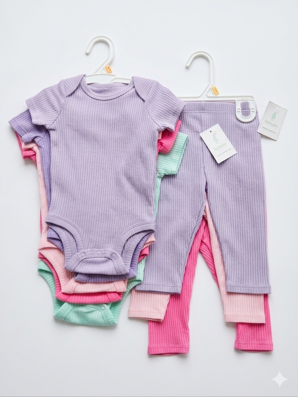 Lullaby Lane Baby 8pc Lot - 5 Pack Ribbed Bodysuits & 3 Pack Ribbed Pants 3-6M